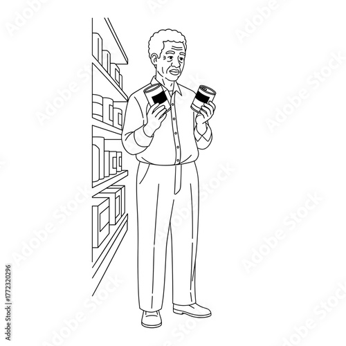 Elderly Black man comparing two cans of food in supermarket aisle  