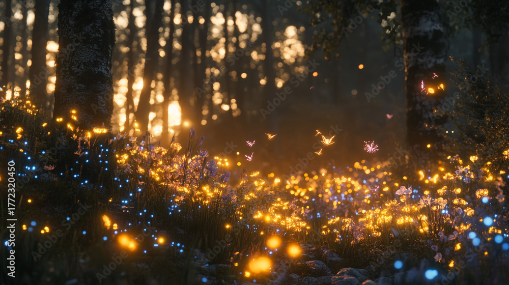 Naklejka premium Night Forest with Glowing Lights. A tranquil forest scene illuminated by numerous small glowing lights, ideal for nature and magical-themed content.