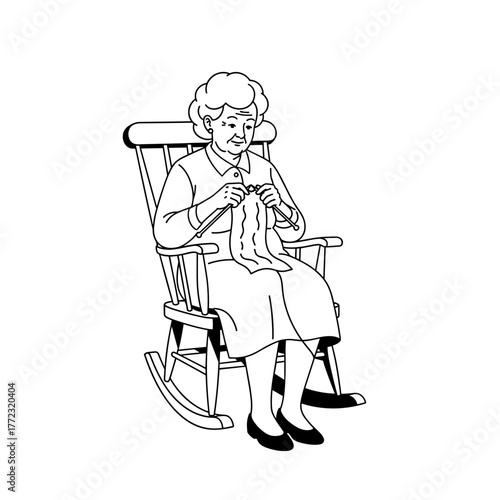 Older white woman knitting while sitting in rocking chair indoors  