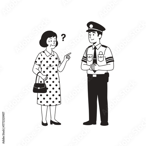 Older woman asking police officer for directions in urban setting  