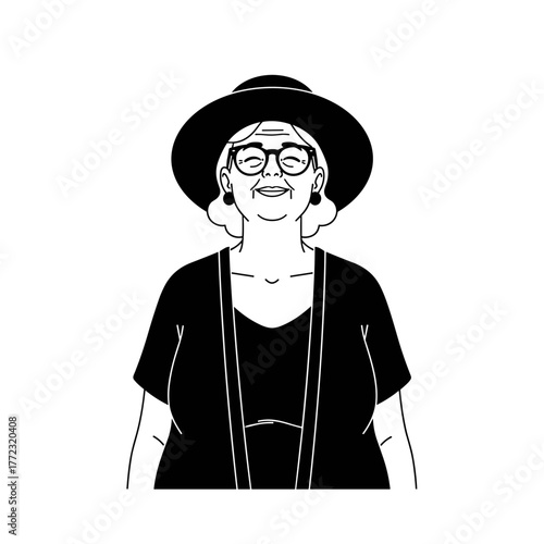 Senior woman smiling in a black outfit and hat with glasses  