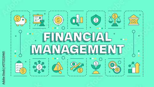 Financial management green word concept. Banking institutions regulation. Statistics growth. Typography banner. Vector illustration with title text, editable icons color. Hubot Sans font used