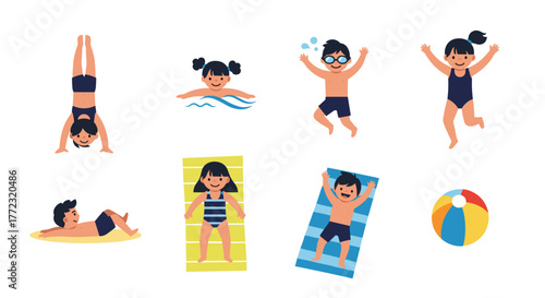 Happy children enjoying various summer activities like swimming, playing, and relaxing at the beach or pool.