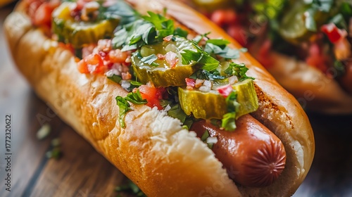 Shallow focus of a vegetarian hot dog in brioche roll pickles