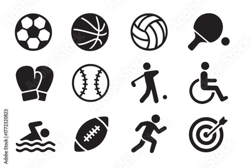 Sports Icons Set – Black Silhouette Collection of Ball Games and Athletic Activity Symbols