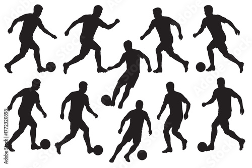 Soccer Player Silhouettes Dribbling and Playing Football Vector Illustration Set