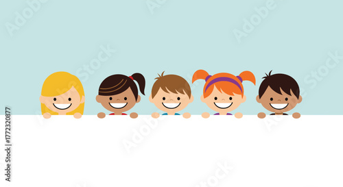 A happy group of diverse cartoon children with cheerful expressions peeking over a blank white banner, ready for your message.
