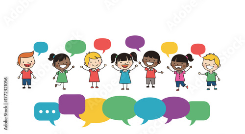 A joyful group of diverse elementary school-aged children stands together with colorful speech bubbles representing communication and dialogue.