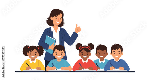A cheerful female teacher gives a thumbs-up to her diverse group of young students diligently writing in their notebooks during a lesson.