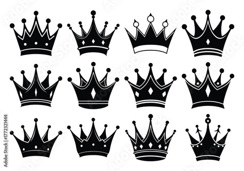 Collection of twelve ornate black silhouette royal crowns and tiaras on a white background