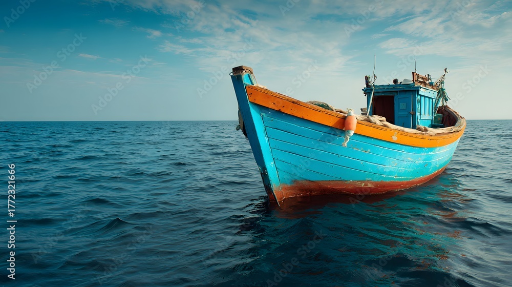 Fototapeta premium Wooden fishing vessel floats serenely upon deep blue ocean waters beneath a bright sky