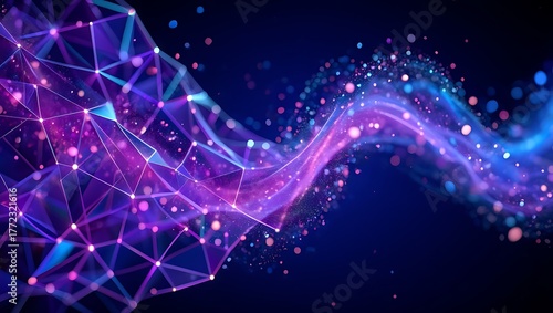 Abstract glowing network of purple and blue lights with bokeh particles image