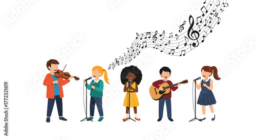 Happy diverse children performing music with instruments and singing, surrounded by musical notes.