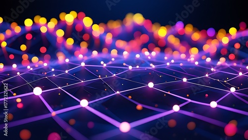 Abstract glowing network of purple lines and white nodes image
