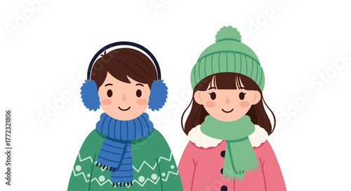 Cute cartoon children dressed in warm winter clothing like hats, scarves, and sweaters, smiling cheerfully on a white background.