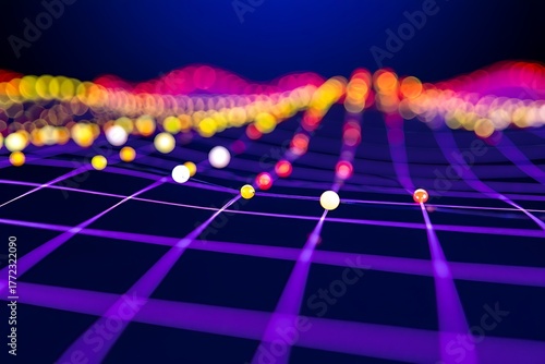 Abstract glowing spheres on purple grid with bokeh background image