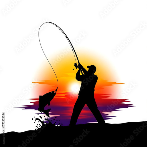 Silhouette of a fisherman reeling in a jumping fish against a vibrant sunset over the water