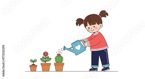 A cheerful cartoon girl with pigtails smiles as she waters a row of three potted plants, including a seedling, a flowering plant, and a cactus.