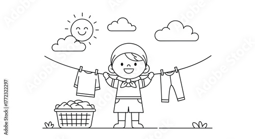 A happy child hangs clothes on a clothesline under a smiling sun and clouds, with a laundry basket full of garments nearby, depicting a cheerful outdoor chore.
