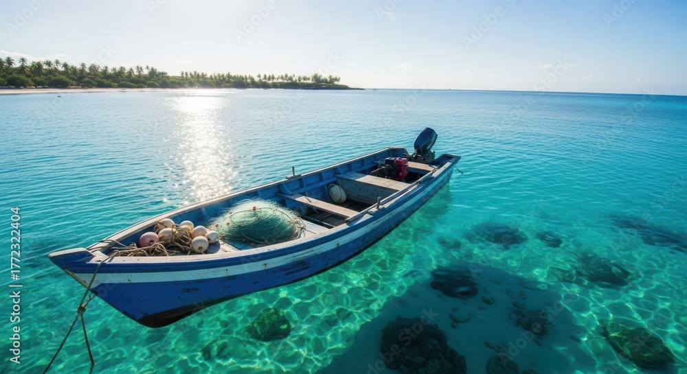 Naklejka premium Blue wooden boat floating on clear turquoise water near tropical beach shoreline