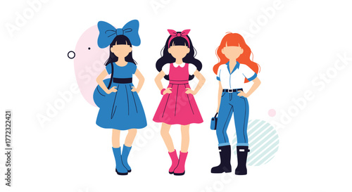 Three diverse young women in different colorful outfits stand together, showcasing various fashion styles.