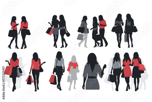 Diverse group of stylish women silhouettes carrying shopping bags and talking together in a modern fashion illustration