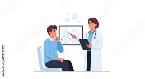 Doctor explaining a medical condition to a male patient in an examination room