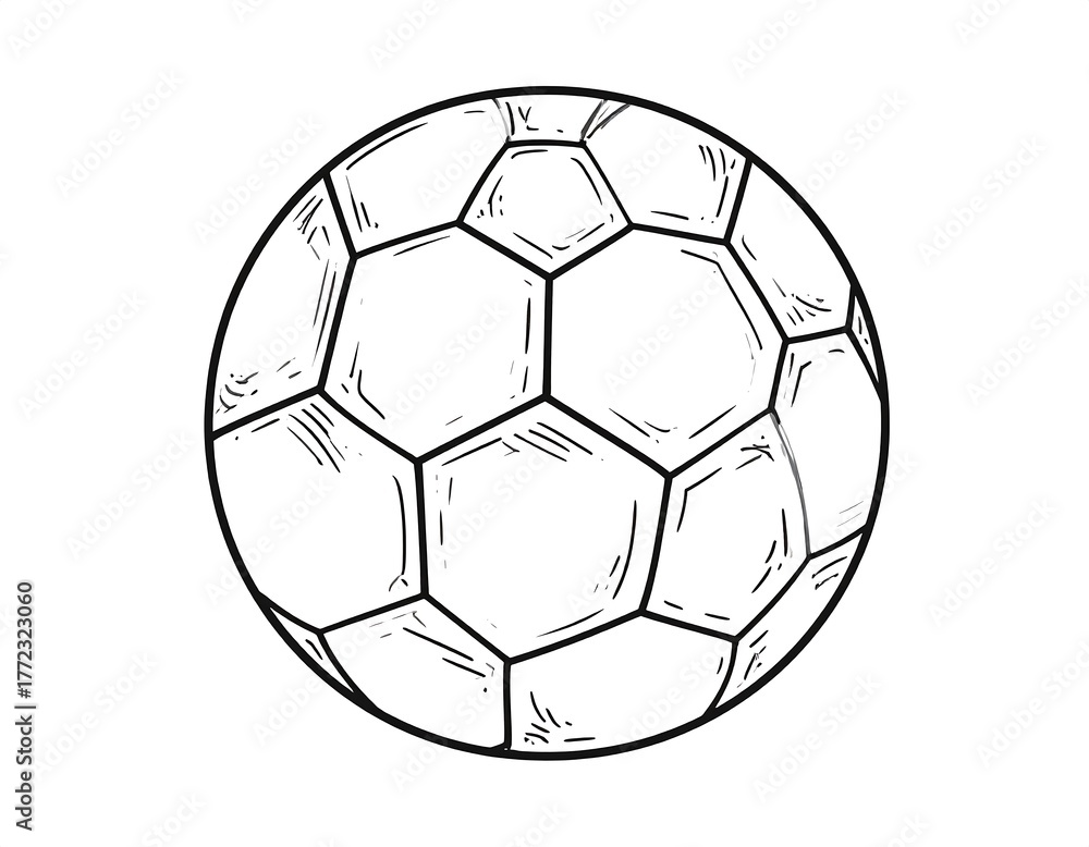 Fototapeta premium A hand-drawn black and white illustration of a standard soccer ball, isolated on white