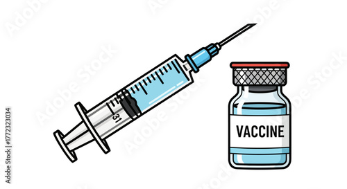 Medical syringe and vaccine vial illustration for immunization and healthcare concepts. Vector icon isolated on a white background