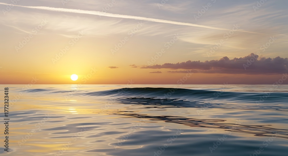 Obraz premium Serene Coastal Sunset: The sun dips below the horizon, painting the sky with warm hues, as gentle waves roll onto the shore. It is a moment of pure serenity and natural beauty.