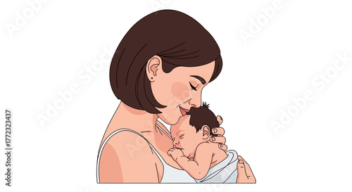 A digital illustration shows a woman kissing a baby wrapped in a white cloth