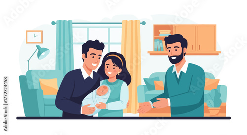A couple with newborn meets a bearded man in a cozy living room