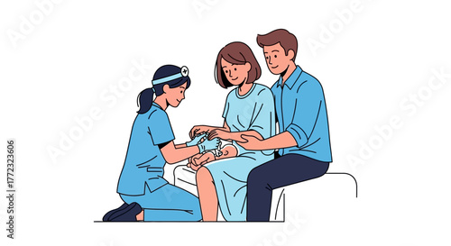 A doctor examines a newborn infant with parents watching in a medical setting