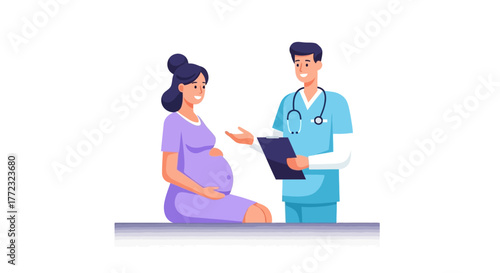 A doctor speaks to a smiling pregnant woman sitting on a bed in front of him