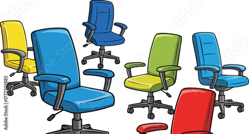 Assorted Office Chairs In Blue Yellow Green Red And Black With Wheels And Armrests Against White Background
