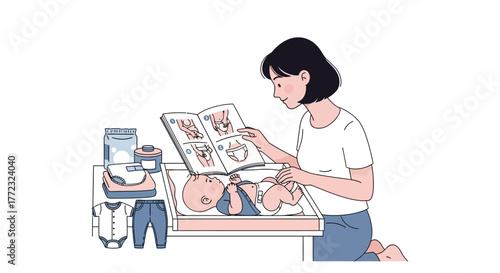 A person kneels reading a diaperchanging guide while changing a baby on a changing table next to baby supplies