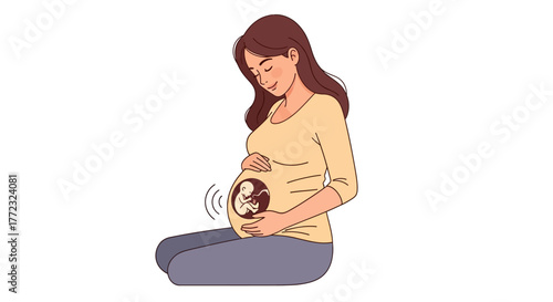 A pregnant woman cradles her belly which features a visible fetus