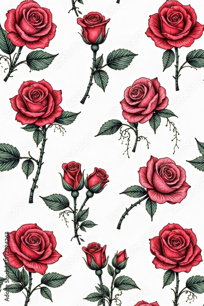 Fototapeta premium Pinstripe Rose Pattern Repeating Motif A seamless repeating pattern of stylized roses, each created with bold, black pinstripes on a clean white background. The roses are arranged in a precise,
