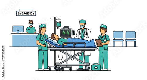 Medical professionals attending to a patient on a gurney in an emergency room setting