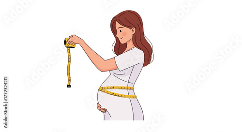 A pregnant woman measures her stomach with a yellow tape measure