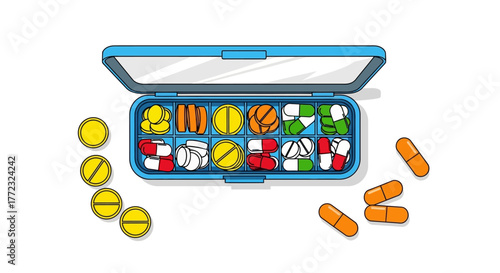 Colorful Assortment of Medication Pills Organized in a Pill Box with Loose Pills