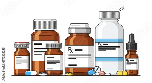 Medication Bottles Illustrations of Prescriptions, Medicine, and Pills for Healthcare and Pharmacy