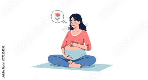 A pregnant woman sits crosslegged on a mat eyes closed hands on belly a flower in a thought bubble above