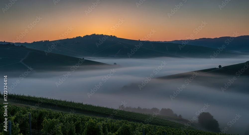 Obraz premium Sunrise over misty vineyards and rolling hills with soft morning light