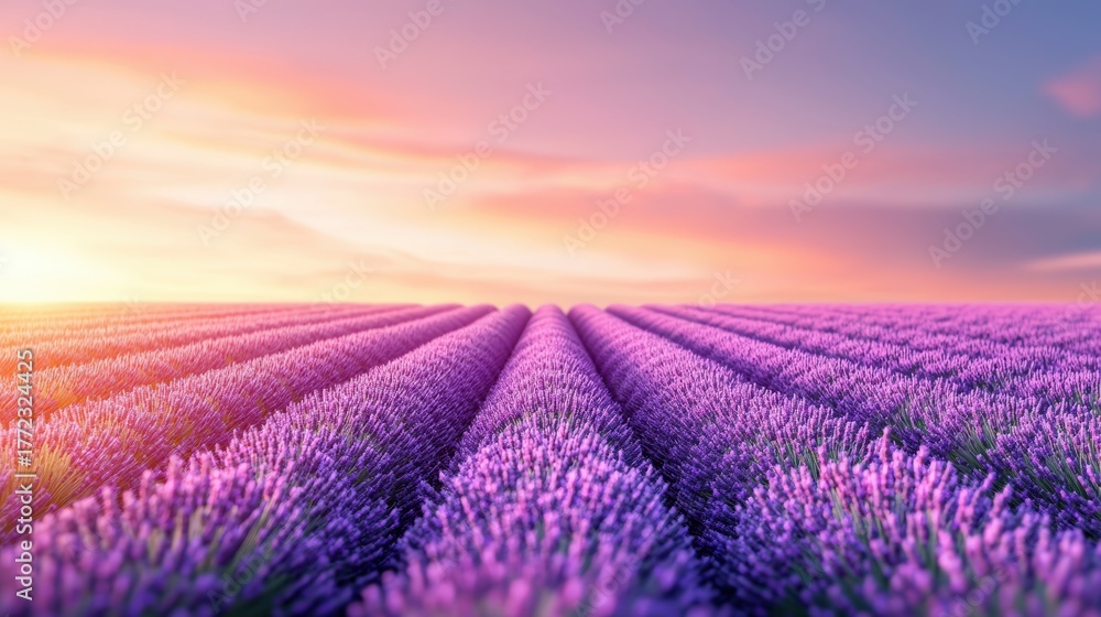 Obraz premium Calmness Lavender field stretching to the horizon under a pastel sky.