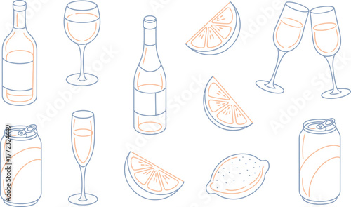 Assorted drinks and citrus fruits line art bottle wine
