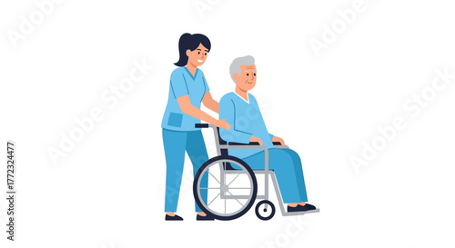 Nurse pushing an elderly man in a wheelchair in a hospital or clinic