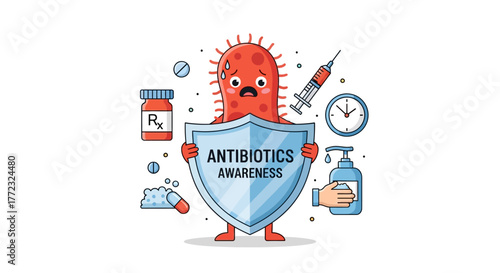 Antibiotics Awareness Protecting Against Infections, Illustrated with a Shield, Bacteria, and Medical Icons