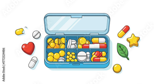 Pill organizer box with daily doses of medication, vitamins, and supplements. Healthcare and medicine vector illustration concept