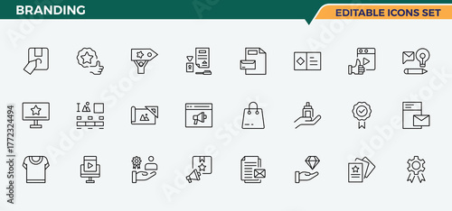 Branding linear icon collection. Contains outline symbols like strategy, social, company, customer and more. Brand line icon set. Modern vector UI icons. Editable vector.